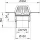 Dallmer Dachablauf mit einem Durchmesser von 360 mm und einem Ansatz DN 125. Sichtbar sind verschiedene Maße und Konstruktionsdetails im technischen Zeichnungsstil.