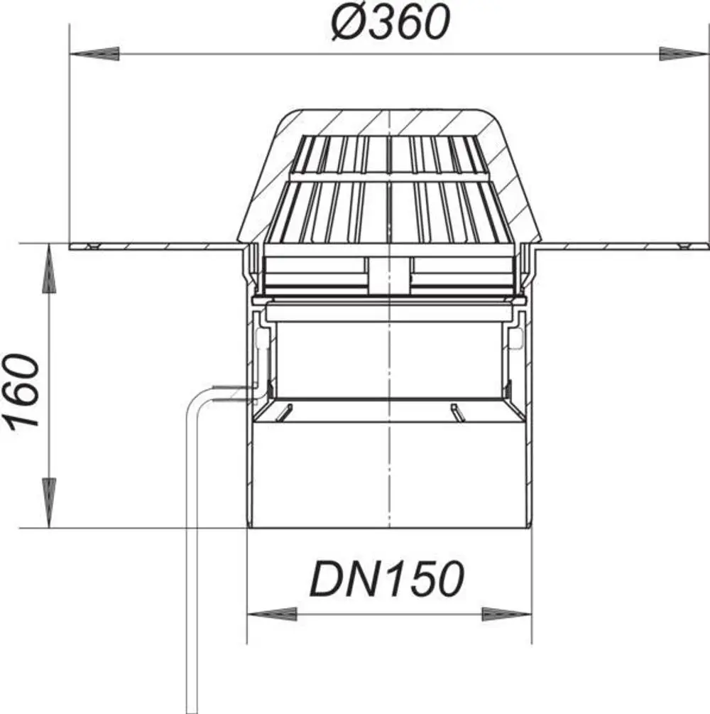 Dallmer-Dachablauf mit einem Durchmesser von 360 mm und einer Höhe von 160 mm, mit Heizfunktion und DN 150 Anschluss. আ