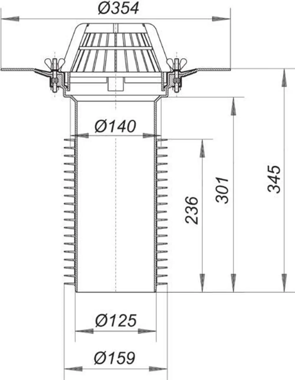 Dallmer Dachablauf mit Schraubflansch, ausgestattet mit einem Gitter und einem zylindrischen Rohr in vertikaler Ausrichtung. Maße sind im technischen Diagramm angegeben.
