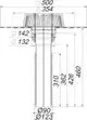 Technische Zeichnung eines Dallmer-Dachablaufs mit Abmessungen und Durchmessern, die sowohl die Einsatzhöhe als auch die Anschlussgrößen zeigen.