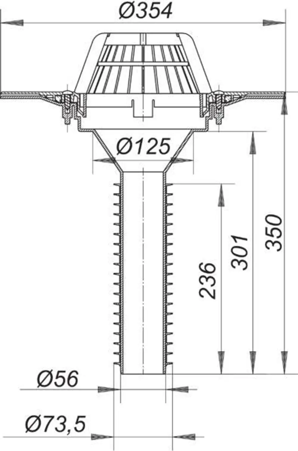 Dallmer Dachablauf mit runder Oberseite und vertikalem Abflussrohr. Sichtbare Durchmesser von 354 mm, 125 mm und 56 mm. Maße für die Installation sind eingezeichnet.