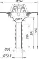 Dallmer Dachablauf mit runder Oberseite und vertikalem Abflussrohr. Sichtbare Durchmesser von 354 mm, 125 mm und 56 mm. Maße für die Installation sind eingezeichnet.