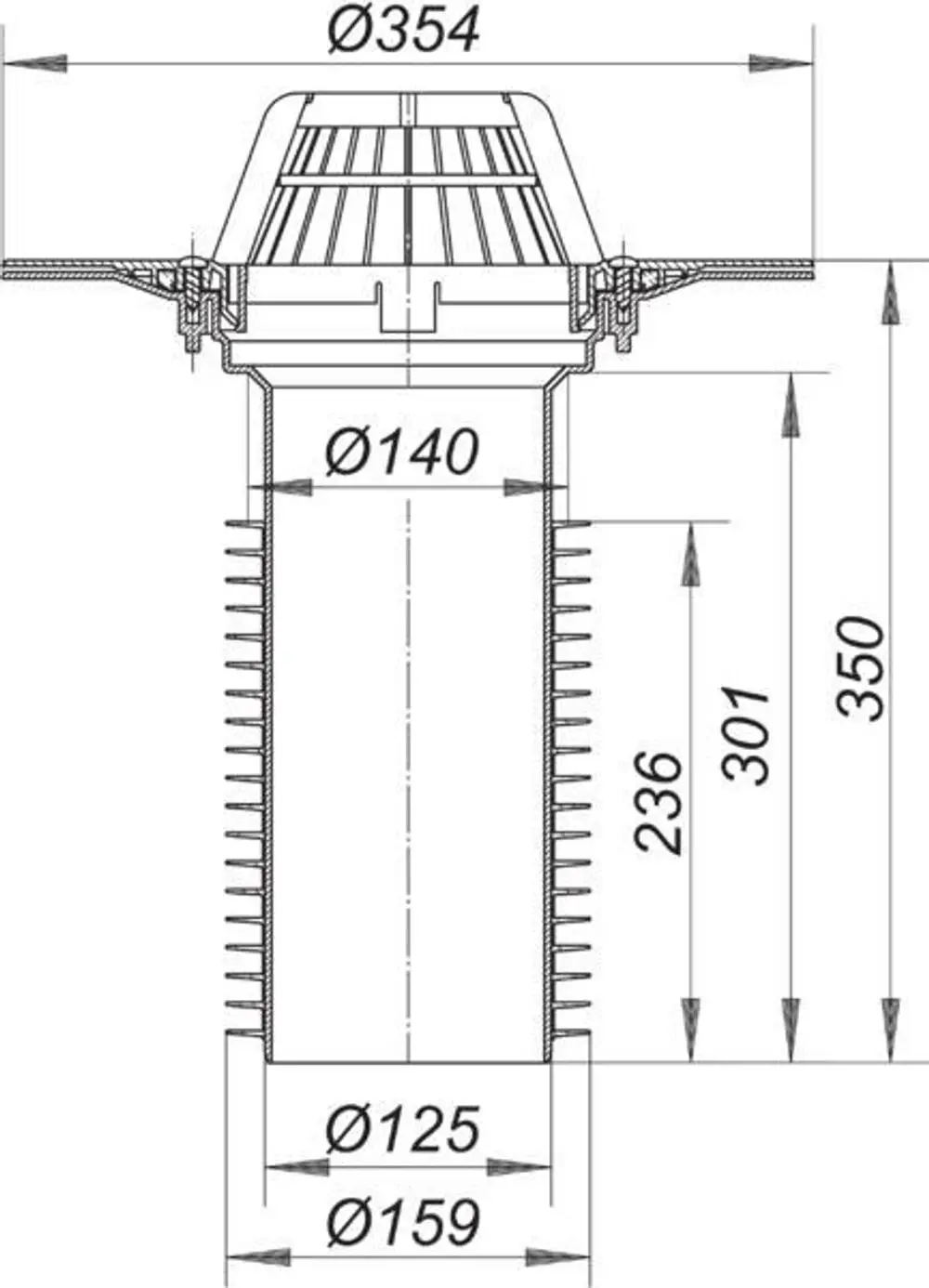 Dallmer Dachablauf mit runder Abdeckung, Abmessungen und Anschlüsse sind in einer schematischen Darstellung mit durchgehenden Linien und Maßen gezeigt.