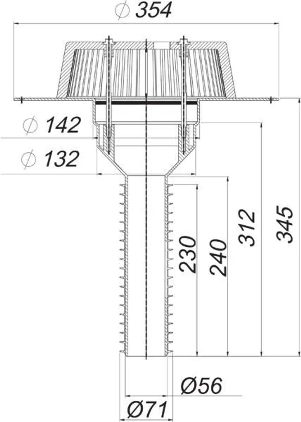 Dallmer Sanierungs-Dachablauf mit einem konischen Design, ausgestattet mit verschiedenen Durchmessern und Höhenangaben, dargestellt in einer technischen Zeichnung.