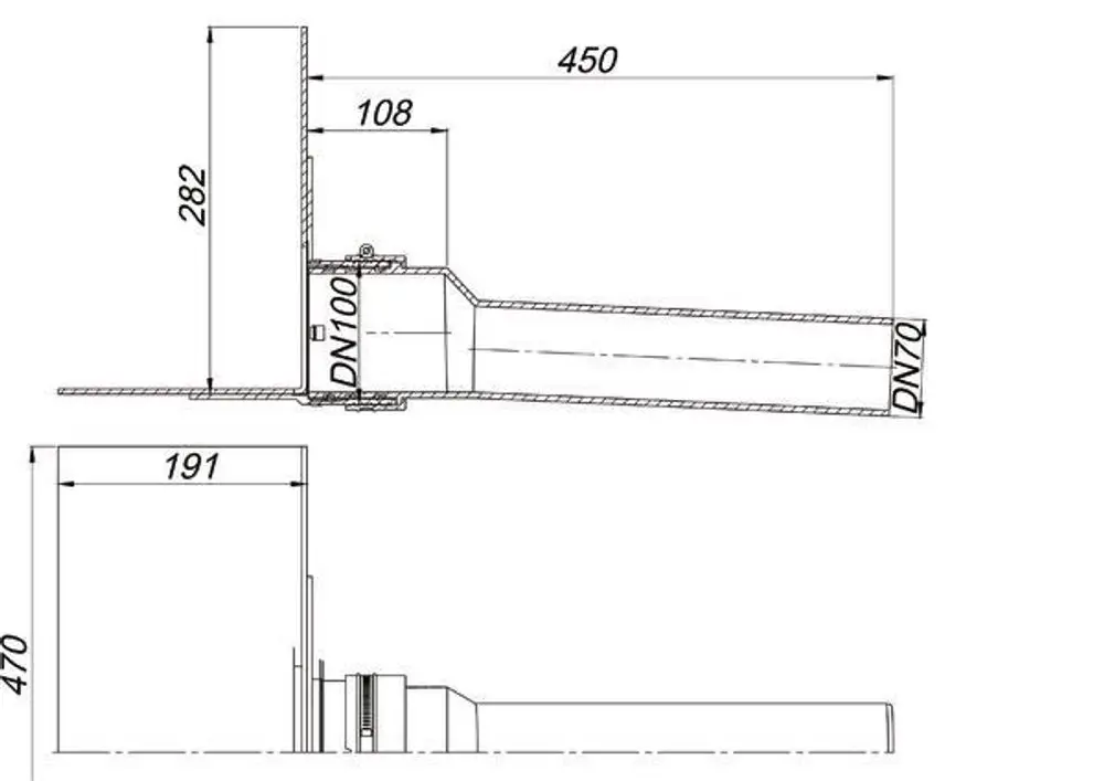 Dallmer Attikaablauf, gezeichnete technische Darstellung mit Maßangaben und zwei Rohranschlüssen (DN 100 und DN 70), anschaulich in horizontaler und vertikaler Ansicht.