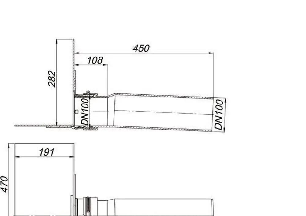 Technisches Diagramm eines Dallmer Attikaablaufs, DN 100, mit Angaben zu Maßen und Anschlussdetails in einer schematischen Darstellung.