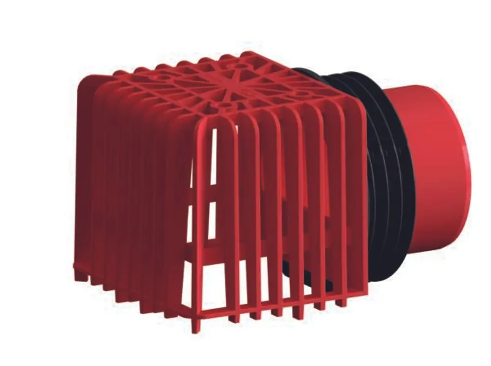 Roter Kunststoffkorb mit Gitterstruktur, entworfen von Dallmer, zur Aufnahme von Laub und Schmutz, abgerundet mit einem Anschluss auf der Rückseite.