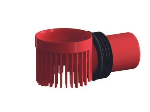 Dallmer Notentwässerungselement in Rot mit geriffeltem Kopf und einem zylindrischen Körper. Das Element ist für die Installation im Ablaufsystem konzipiert.
