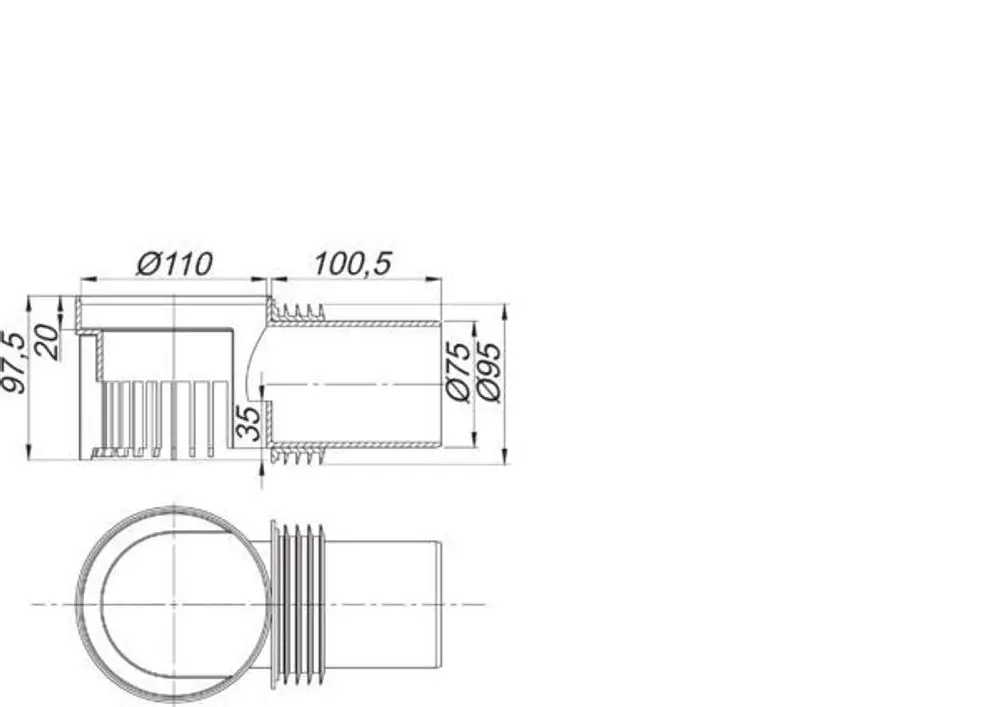 Dallmer Notentwässerungselement mit runder Form und sichtbaren Gewinden. Maße und Anschlussdetails sind im technischen Zeichnungsstil dargestellt.