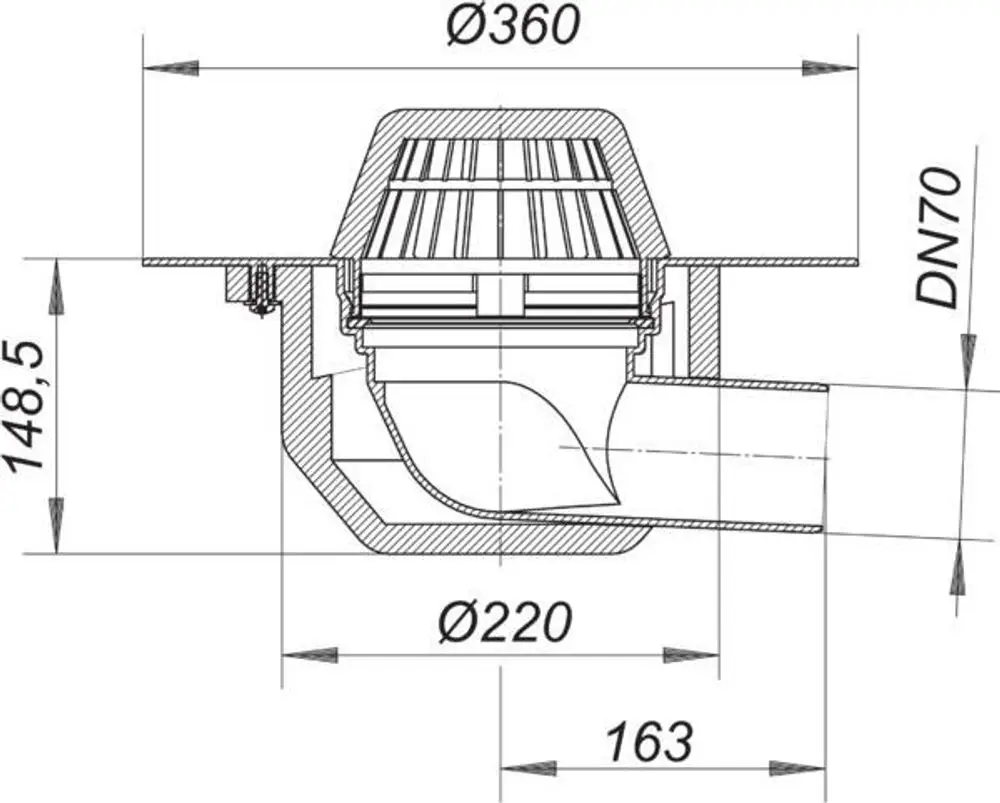 Dallmer Dachablauf mit einem Durchmesser von 360 mm und einem Anschluss DN 70, mit integriertem Sieb und einem horizontalen Rohranschluss.