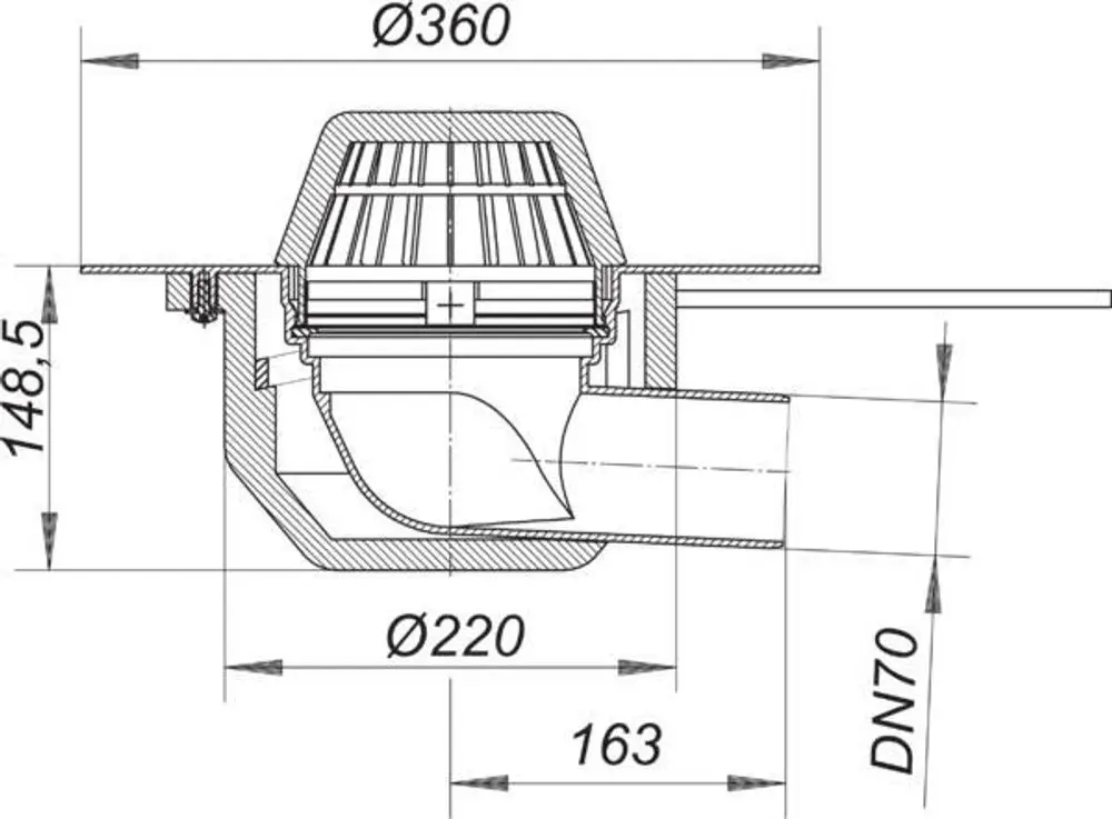 Dallmer Dachablauf mit integrierter Heizfunktion, inklusive Rohranschluss und verschiedenen Durchmessern. Detailansicht mit Maßangaben im technischen Design.