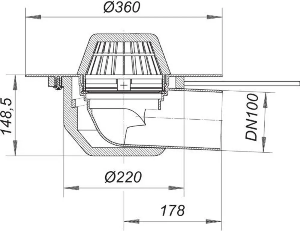 Dallmer Dachablauf mit Durchmesser 360 mm, zeichnet sich durch eine Heizfunktion aus und verfügt über einen Abfluss mit DN 100. Schnittansicht mit Maßangaben.