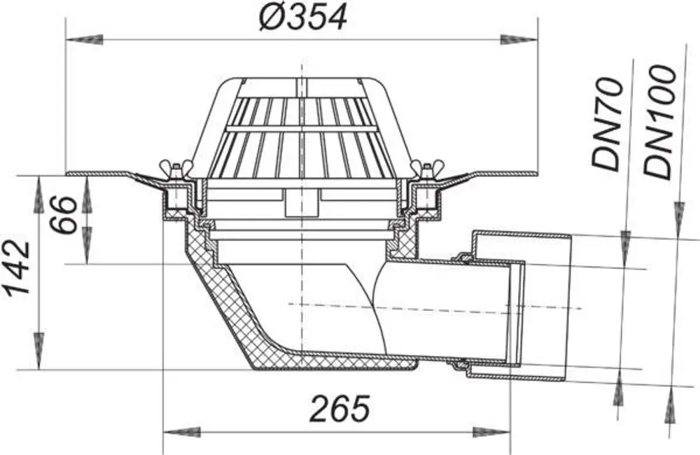 Dallmer Dachablauf mit Schraubflansch, zeigt Querschnittsansicht mit angezeigten Abmessungen. Verbindungselemente im DN 70 und DN 100 Format sind erkennbar.
