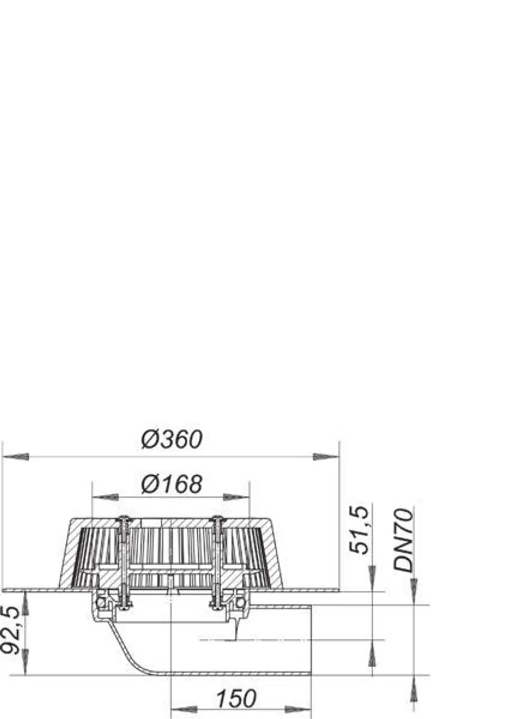 Dallmer Dachablauf mit rundem Design und mehreren Montageschrauben, dargestellt in Querschnittansicht, mit technischen Maßangaben für die Installation.