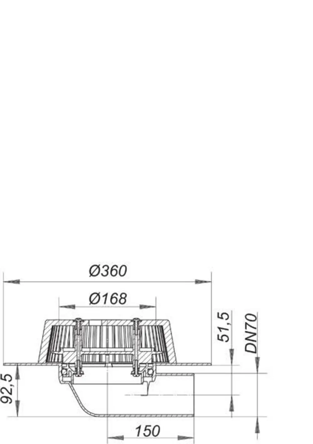 Dallmer Dachablauf mit einem Durchmesser von 360 mm, ausgestattet mit einem DN 70 Anschluss. Technische Zeichnung mit Maßangaben und Details zur Montage.