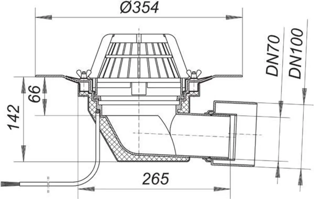 Dallmer Dachablauf mit Schraubflansch, beheizt, für DN 70 und DN 100, zeigt eine detaillierte technische Zeichnung mit Maßen und Anschlusspunkten.