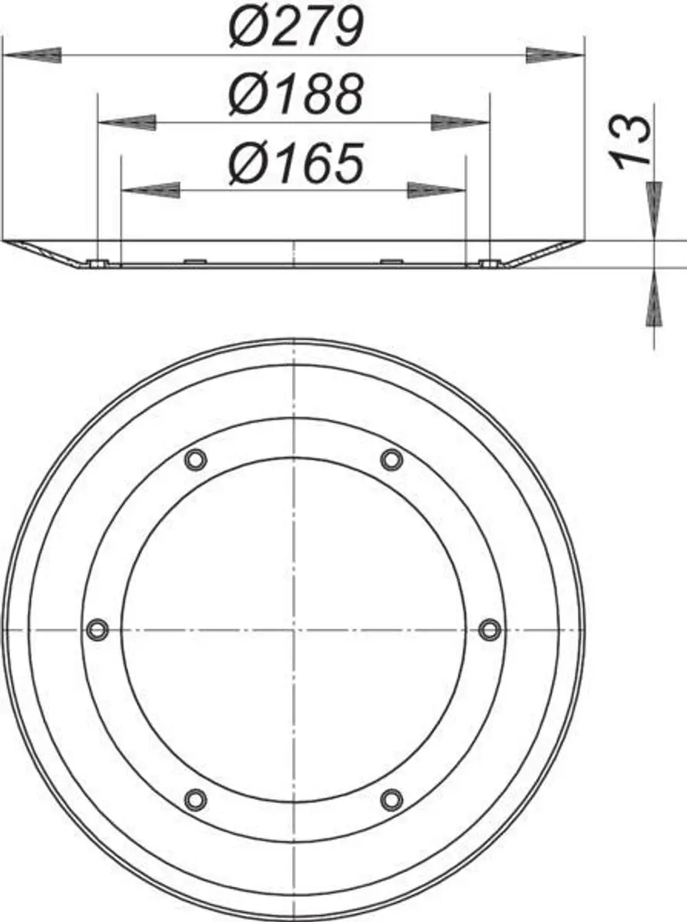 Dallmer Flanschdichtung in schematischer Darstellung. Oben sind Durchmesser und eine Höhe von 13 mm dargestellt, mit drei Löchern im Innenbereich.