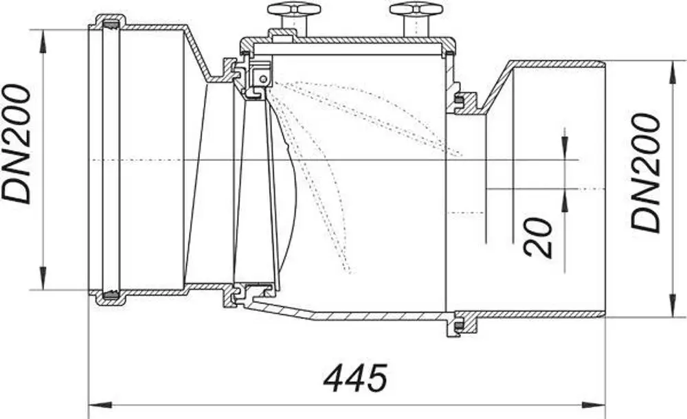 Dallmer Rückstauverschluss mit einem Durchmesser von DN 200, schematische Darstellung mit Maßen und Details zur Konstruktion.