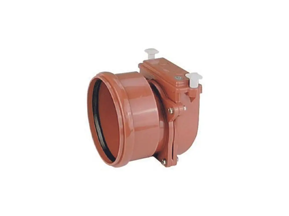 Dallmer Rohrklappe in runder Form mit Anschluss und Schrauben, geeignet für Rohrsysteme. Farbe: Rot. Modularer Aufbau für einfache Montage und Wartung.