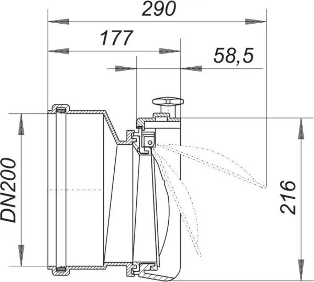 Dallmer Rohrklappe in Schnittansicht mit Maßlinien. Der Mechanismus zur Regulierung des Durchflusses ist deutlich sichtbar. Schnitt zeigt Komponenten und Funktionsweise.