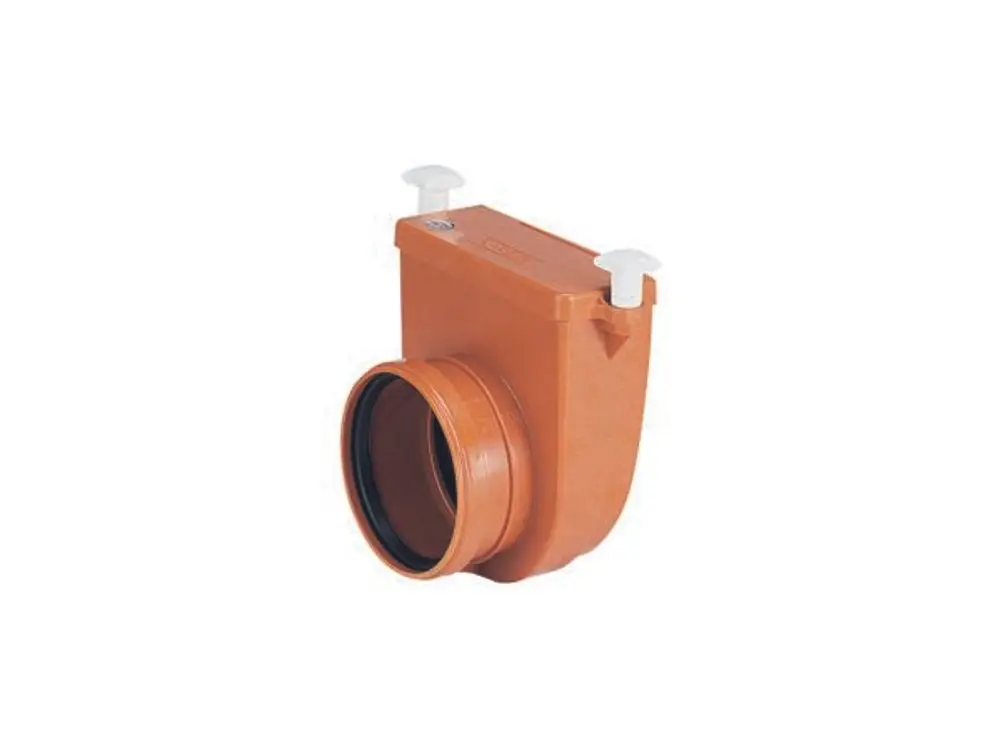 Rohrklappe aus Kunststoff in orange mit einem Anschluss für ein Rohr. Die Oberseite hat zwei weiße Hebel. Dallmer-Produkt.