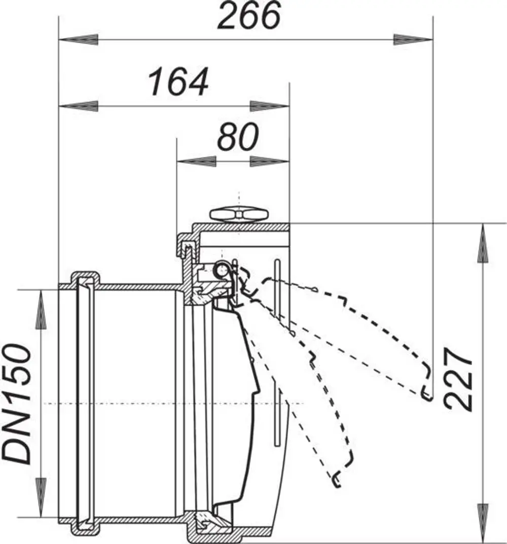Dallmer Rohrklappe in Seitenansicht, mit sichtbaren Abmessungen. Die Konstruktionsdetails und Anschlussmöglichkeiten sind deutlich erkennbar.