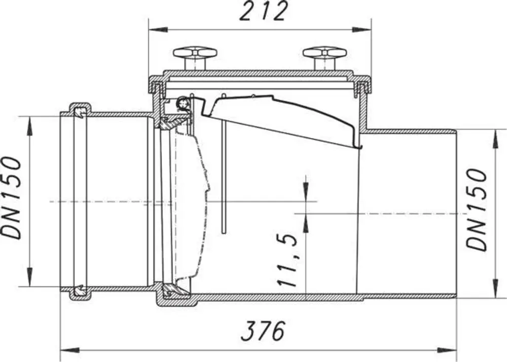 Schematische Darstellung eines Rückstauverschlusses von Dallmer. Sichtbar sind Komponenten wie Abdeckungen, Klappenmechanismus und Anschlüsse. Technische Maße sind abgebildet.