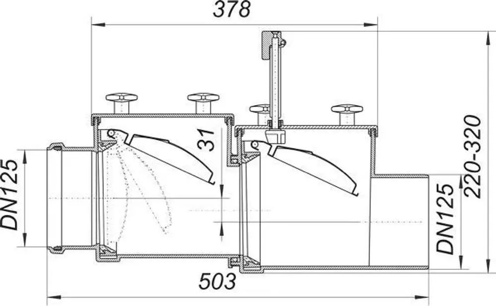 Dallmer Rückstauverschluss mit zwei Klappen, Schnittansicht. Anschlussöffnungen und Dimensionen sind dargestellt. Klares Design für den Einsatz in Entwässerungssystemen.