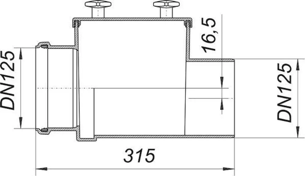 Dallmer Reinigungsrohr mit zwei Zugängen und sichtbaren Abmessungen, geeignet für Sanitärinstallationen, mit DN 125 Anschluss.