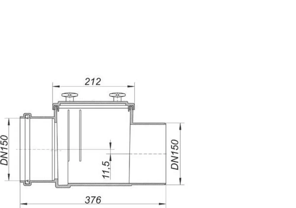 Dallmer Reinigungsrohr mit zwei Anschlüssen, dargestellt in technischem Diagramm, zeigt Maße und Konstruktionsdetails ohne spezifische Produktbezeichnung.