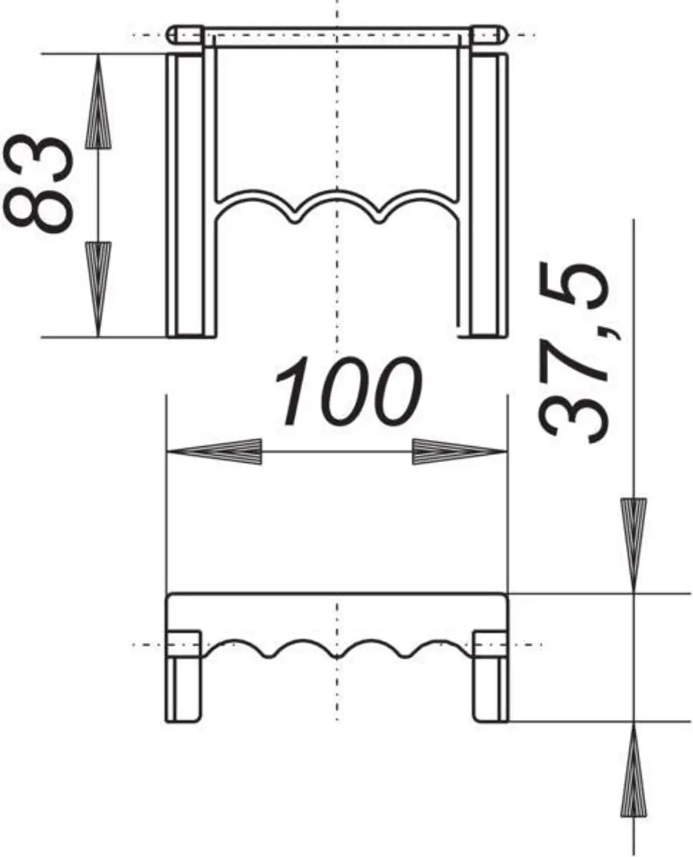 Struktur mit gewelltem Design, bestehend aus einem Handabsperrungsgriff von Dallmer. Abmessungen und spezifische Merkmale sind im technischen Zeichnungsformat dargestellt.