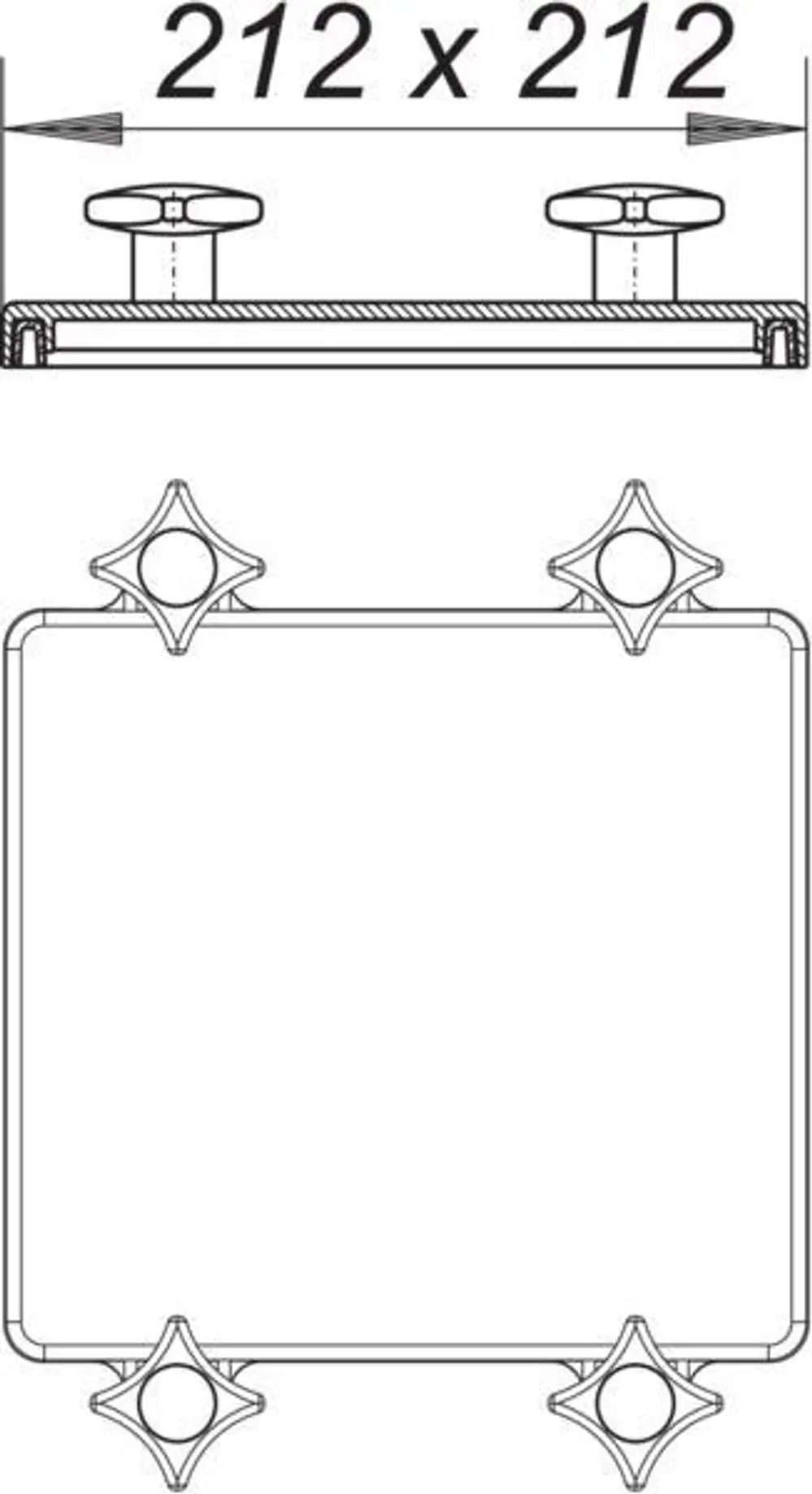 Gehäusedeckel mit quadratischer Form, verziert mit vier symmetrischen seitlichen Elementen, geeignet für Anwendungen von Dallmer in der Abwassertechnik.