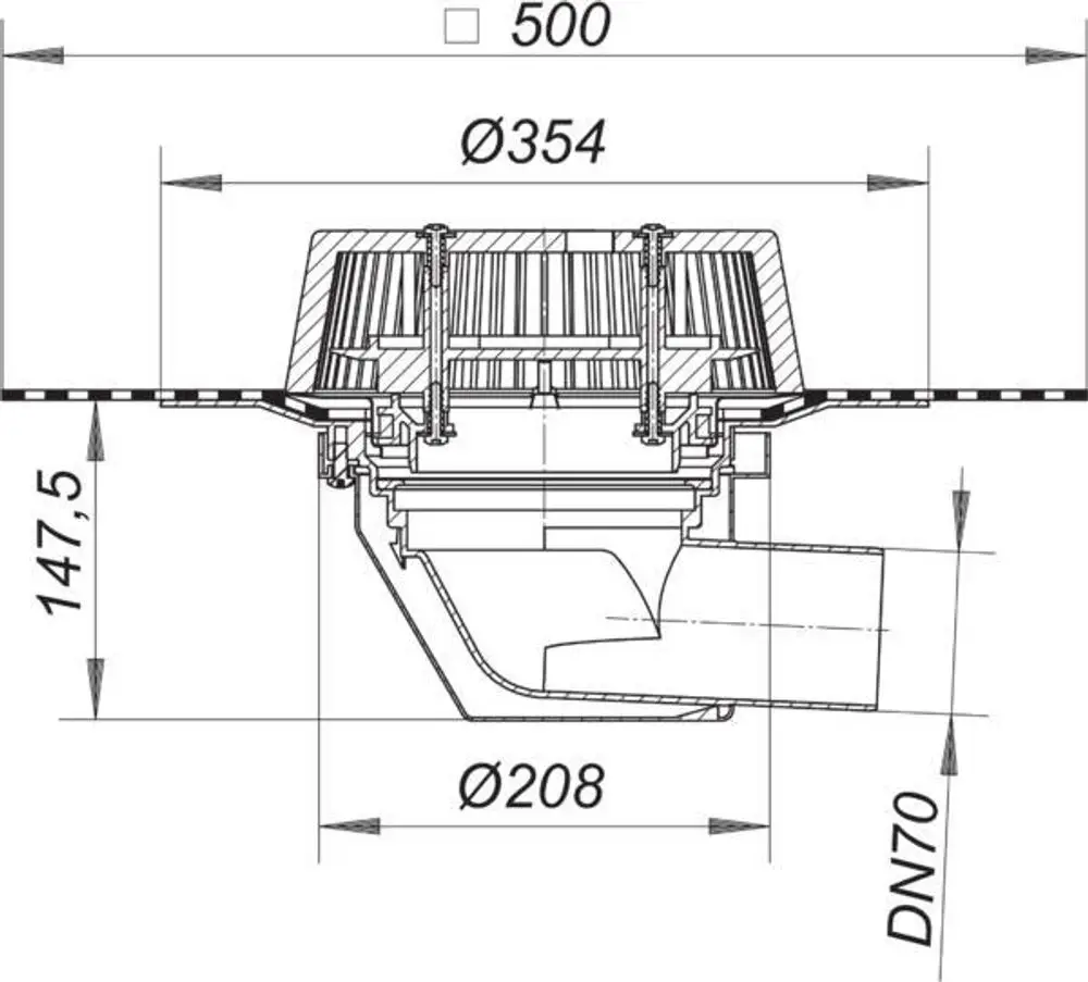 Dallmer Dachablauf mit einer Abdeckung und seitlichem Ausfluss, in schematischer Darstellung mit Maßangaben und technischen Details.