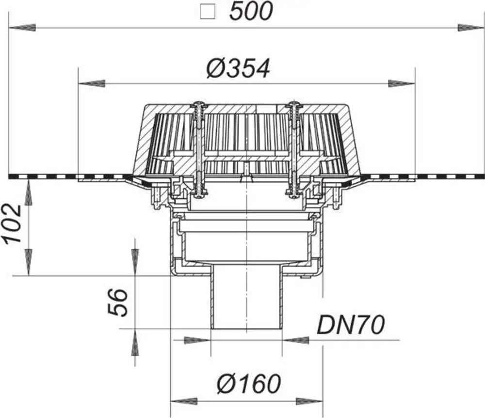 Schematisches Detail eines Dachablaufs von Dallmer. Gezeigt werden die Maße und die Form des Produkts, einschließlich der Anschlussgröße und des Durchmessers.