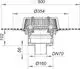 Schematisches Detail eines Dachablaufs von Dallmer. Gezeigt werden die Maße und die Form des Produkts, einschließlich der Anschlussgröße und des Durchmessers.