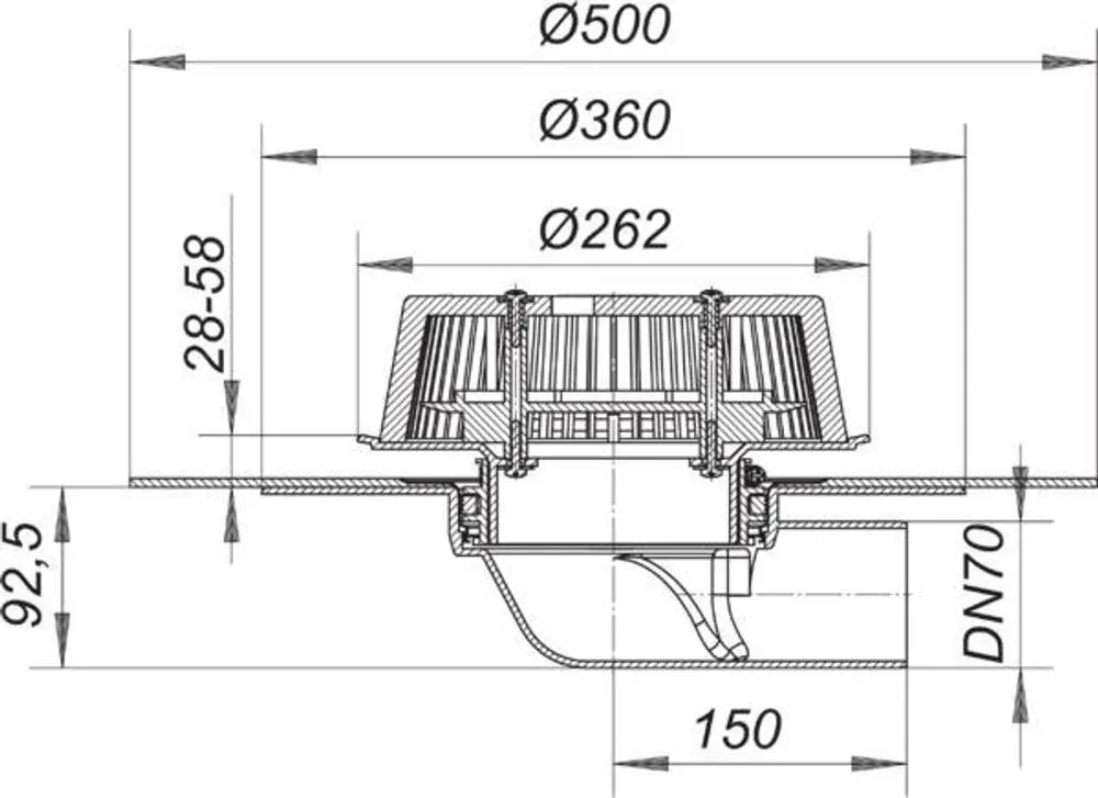 Schematische Darstellung eines Dallmer Notablaufs mit verschiedenen Durchmessern und Maßangaben, einschließlich einer vertikalen Schnittansicht und Anschlussdetails.