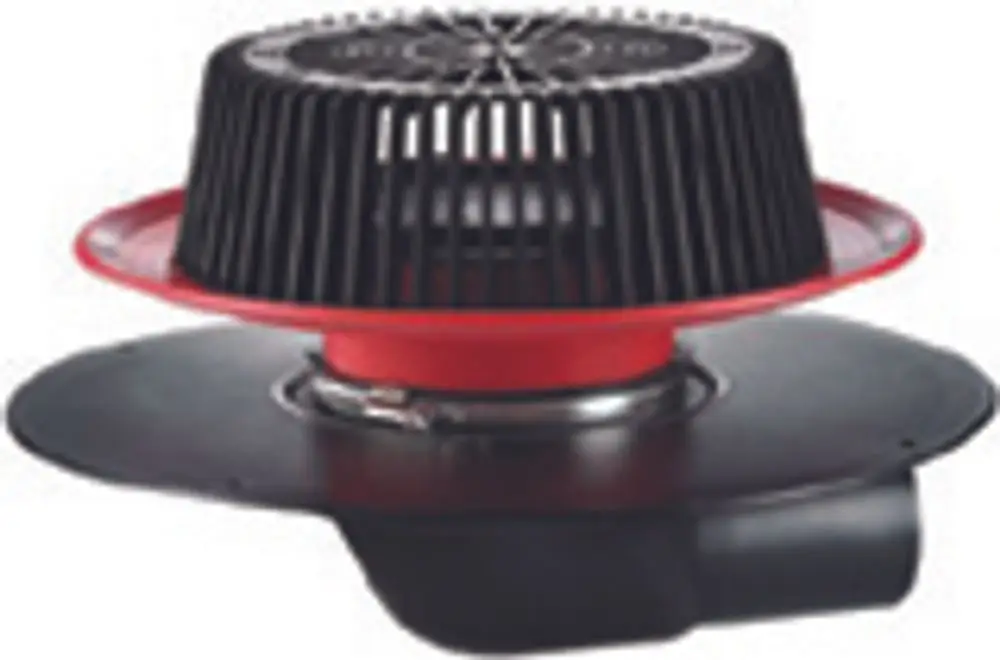 Dallmer Ablaufsystem mit aufgesetztem Gitter und rotem Ring. Das Produkt dient der Ableitung von Wasser und hat eine runde Basis mit einem seitlichen Anschluss.