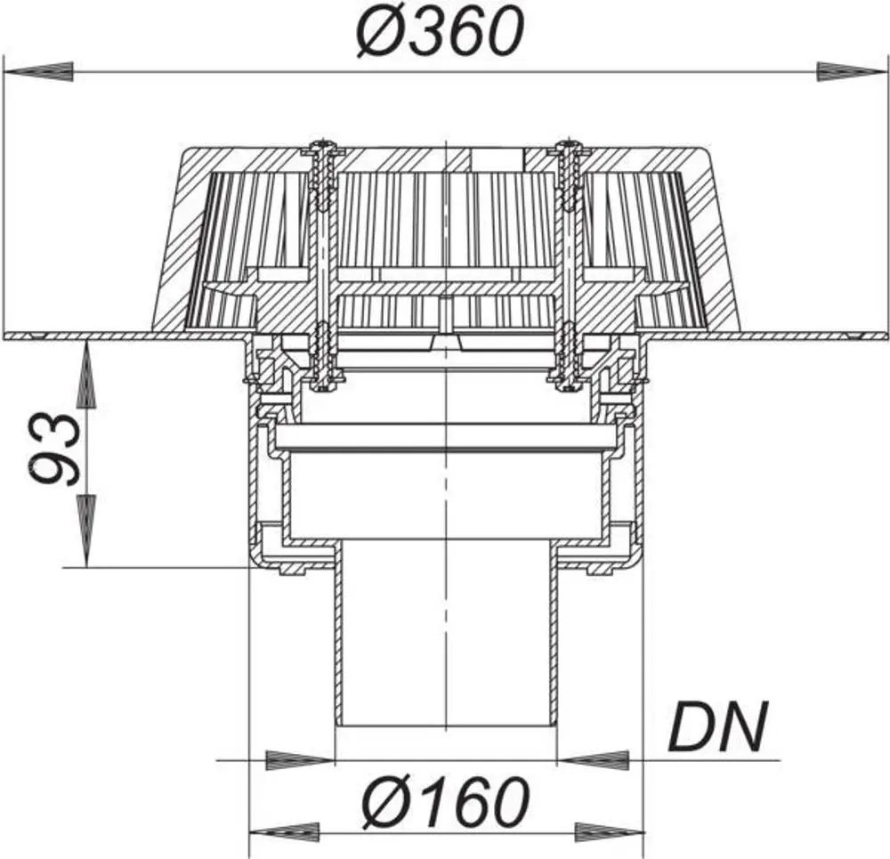 Dallmer Dachablauf, zeichnerische Darstellung im Schnitt, mit Ø360 mm Abdeckung und Ø160 mm Ablaufrohr, geeignet für Entwässerungssysteme.