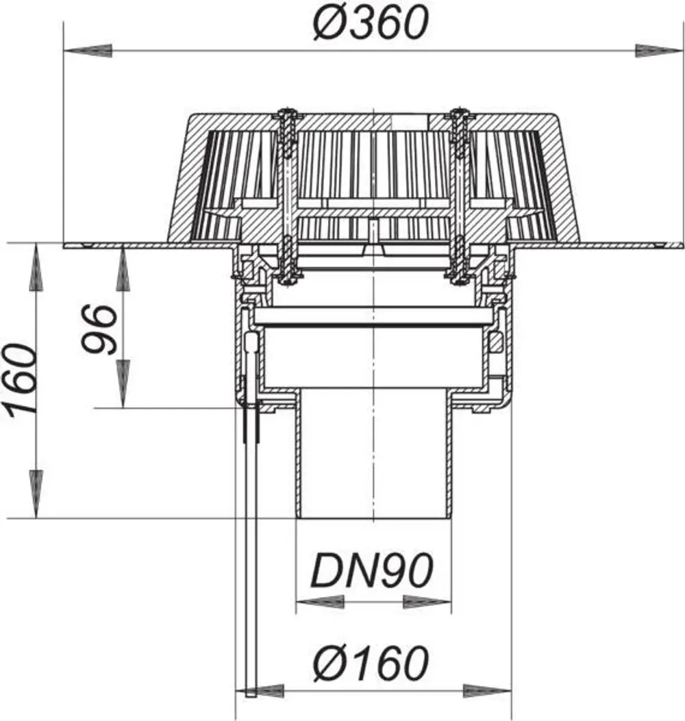 Dallmer Dachablauf mit einem Durchmesser von 360 mm und einem vertikalen Anschluss für DN 90, dargestellt im Querschnitt mit Maßangaben.
