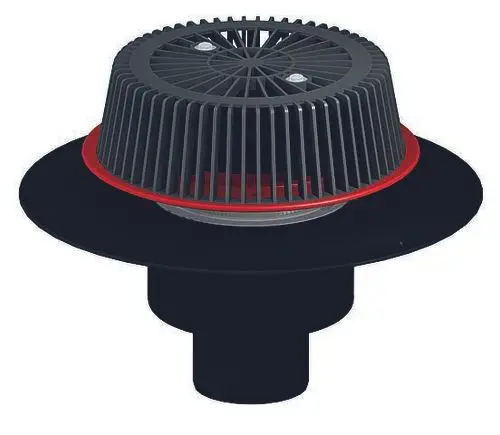 Dallmer-Abflussgerät mit einem runden, schwarzen Flansch und einem oberen Gitter zum Abfließen von Wasser. Der Abfluss hat einen zentralen Anschluss für eine Rohrleitung.
