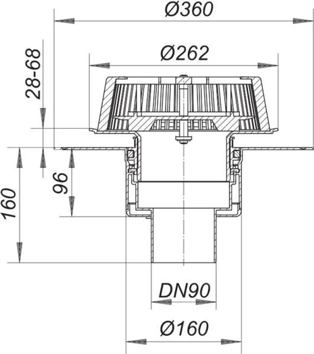 Dallmer Notablauf mit einem Durchmesser von 360 mm, einer Einbautiefe von 160 mm und einem integrierten Auslass DN 90. Technische Zeichnung mit Maßangaben.