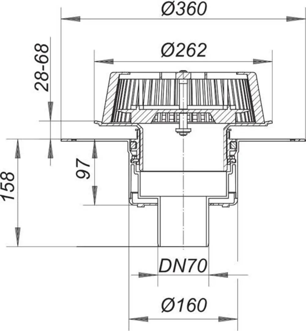 Dallmer Notablauf mit sichtbarem Einlauf, zylindrischer Form und Abmessungen. Die Skizze zeigt Maße und Details zur Installation.