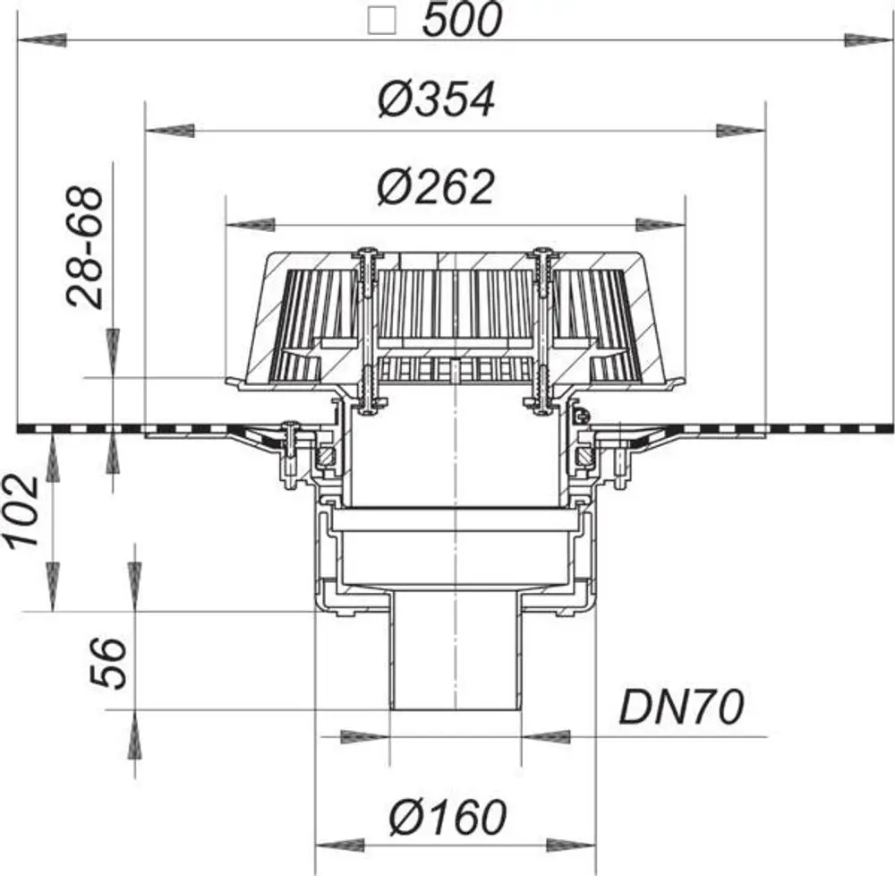 Schnittzeichnung eines Dallmer Notablaufs mit verschiedenen Durchmessern und Abmessungen, dargestellt in einem technischen Diagramm.
