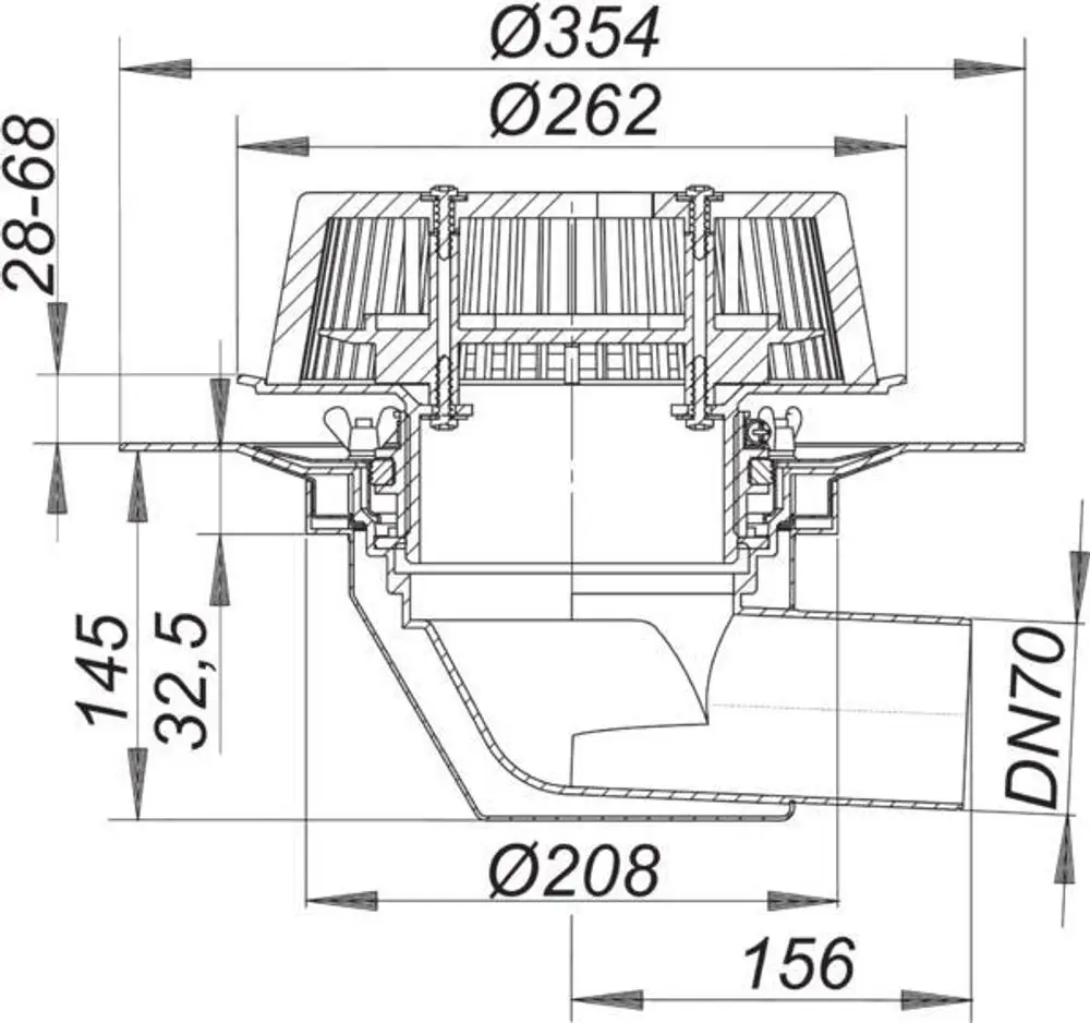 Dallmer Notablauf mit Schraubflansch, gezeichnete Ansicht, zeigt verschiedene Durchmesser und Abmessungen für die Installation. Technische Details in Schwarzweiß-Darstellung.