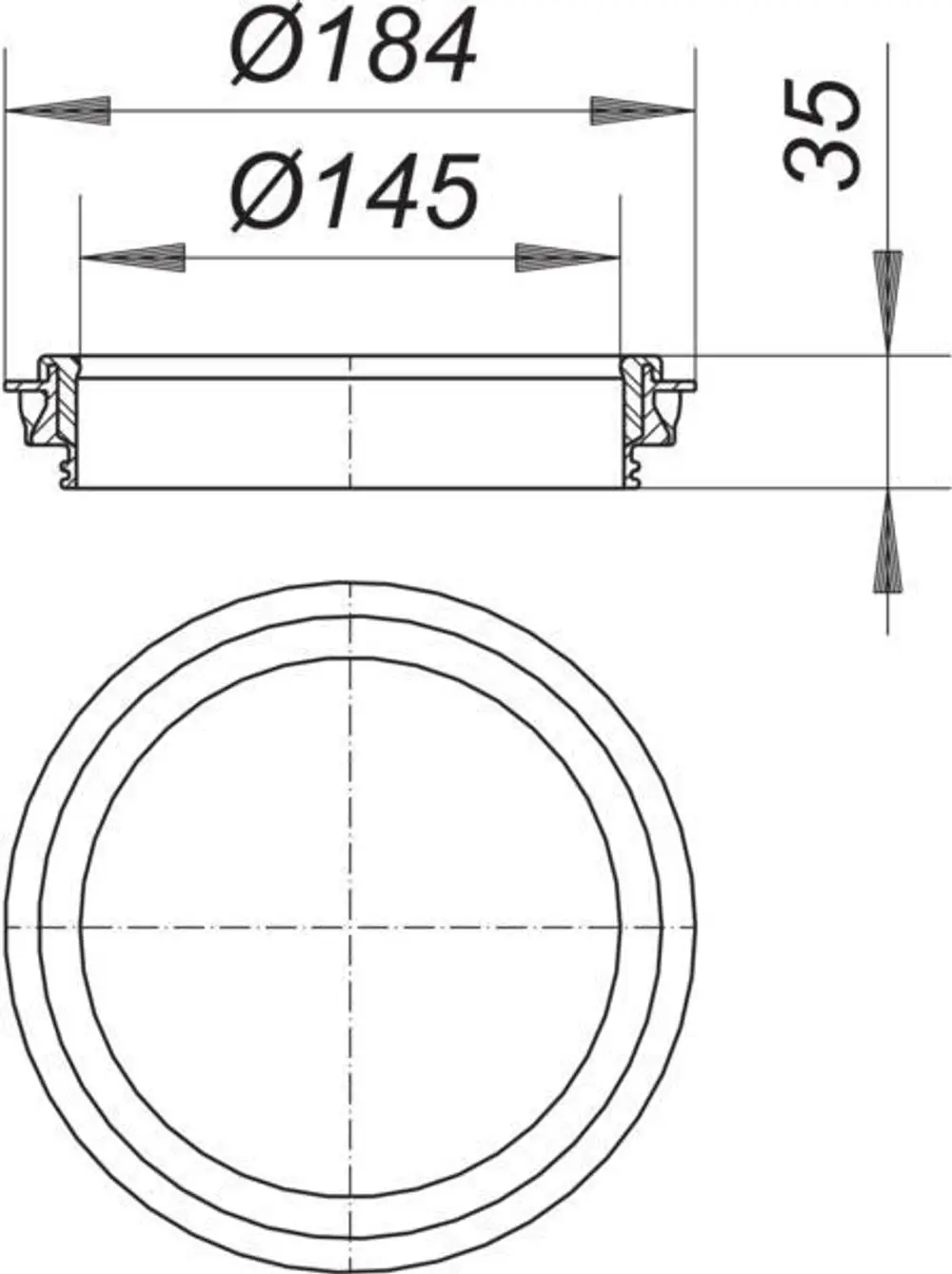 Schematische Darstellung einer Rückstaudichtung von Dallmer, mit seitlichen und oberen Abmessungen sowie kreisförmigem Querschnitt.