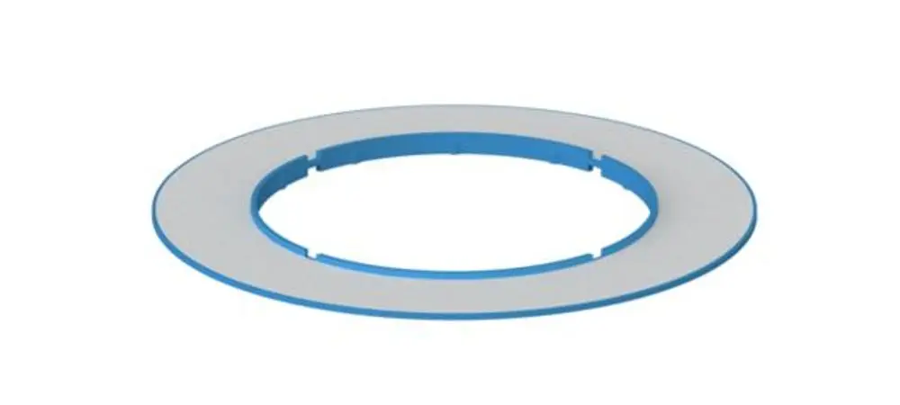 Dallmer Rahmenaufnahme in Ringform mit blauer Umrandung und innerem Ausschnitt, geeignet für die Integration in Abflusssysteme.