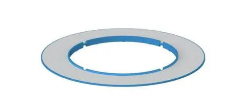 Dallmer Rahmenaufnahme in Ringform mit blauer Umrandung und innerem Ausschnitt, geeignet für die Integration in Abflusssysteme.