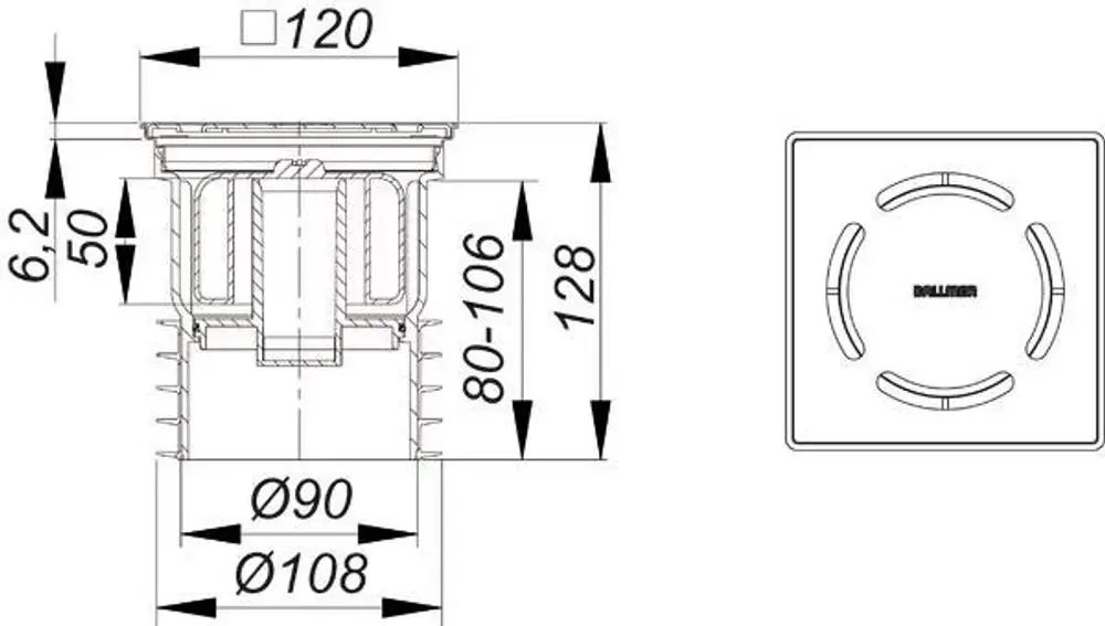 Dallmer Bodenablauf mit quadratischem Design. Abmessungen und technische Details sind im Diagramm ersichtlich. Zahlreiche Montageoptionen gegeben.