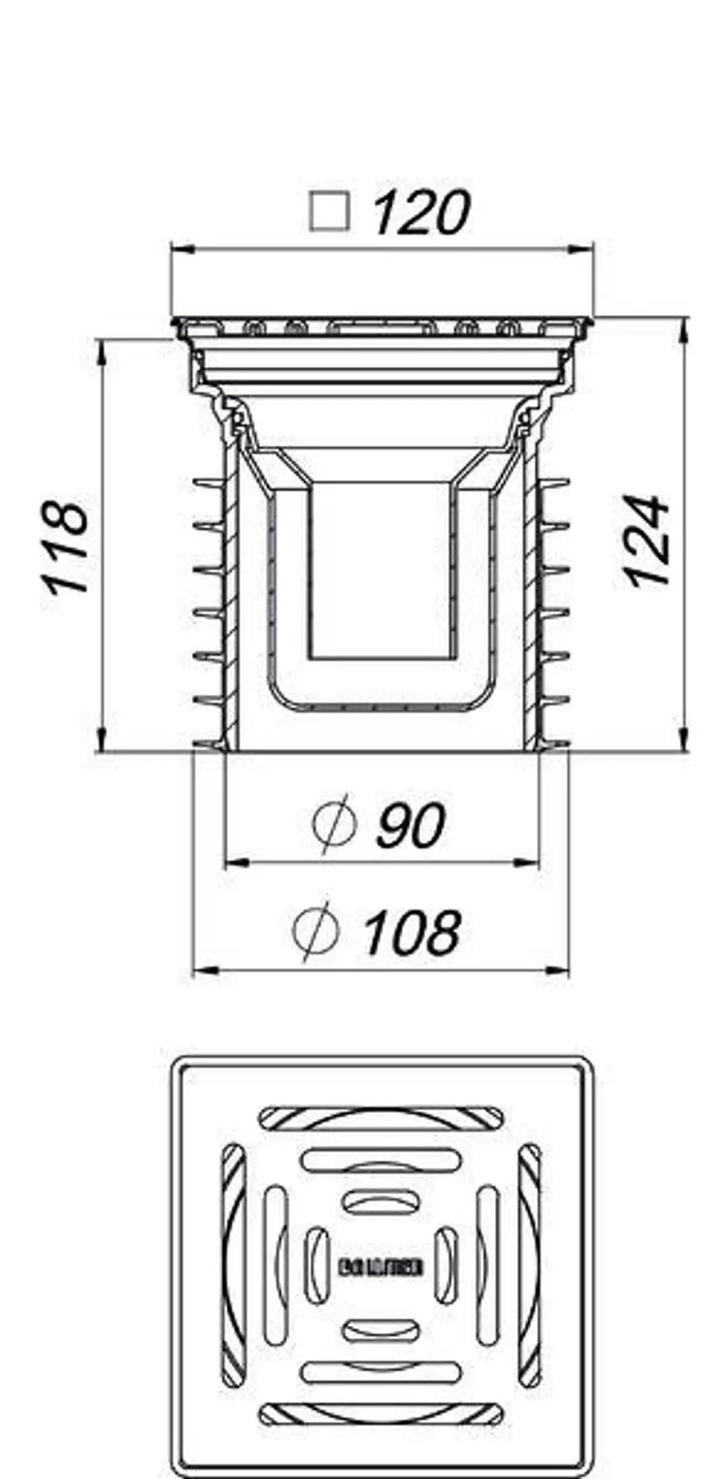 Dallmer Bodenablauf, quadratisch mit Abmessungen 120 x 120 mm, seitlichen Rillen und einem Durchmesser von 90 mm im Inneren. Technische Zeichnung, seitliche Ansicht.