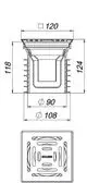 Dallmer Bodenablauf, quadratisch mit Abmessungen 120 x 120 mm, seitlichen Rillen und einem Durchmesser von 90 mm im Inneren. Technische Zeichnung, seitliche Ansicht.